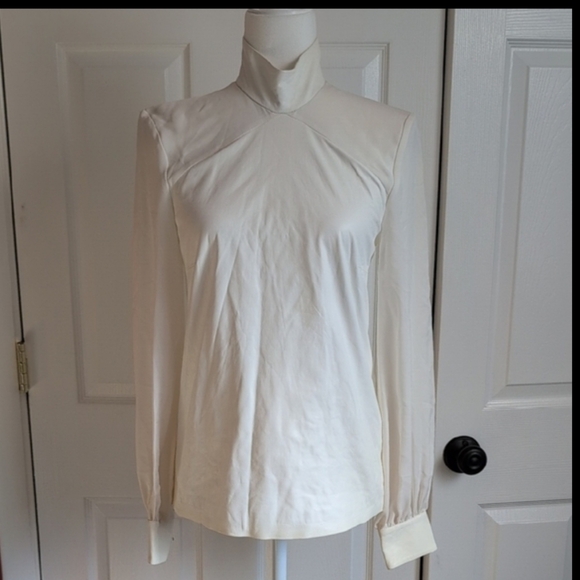 Tamara Mellon Leather and Silk Cream Women's High Neck Top NWT